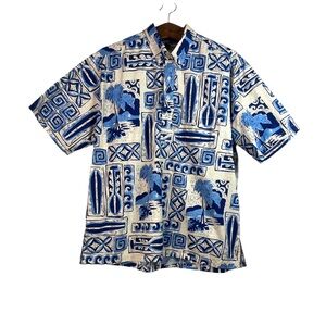 Hilo Hattie Mens Cream Blue Hawaiian Floral Beach 1/4 Button Down Shirt Size XL